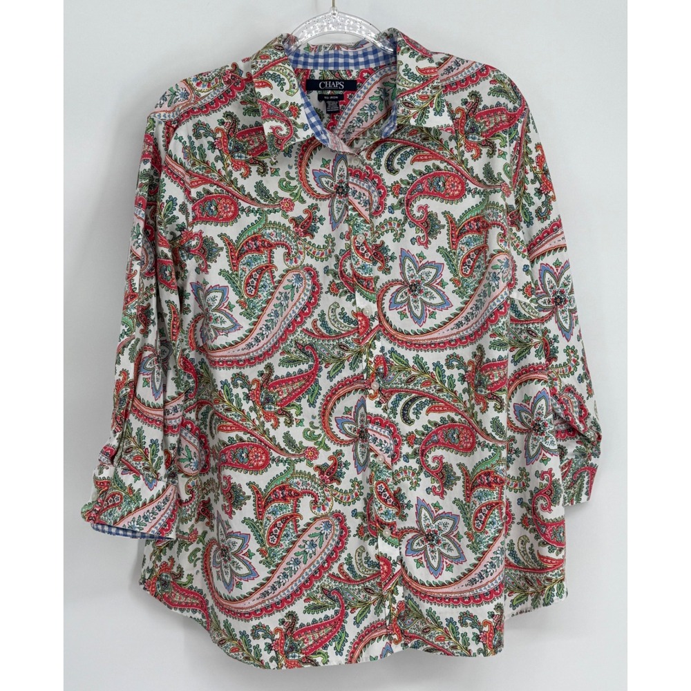 Chaps Womens Sz 2X Paisley Button Down Shirt 3/4 Sleeve Multi-Color Cotton